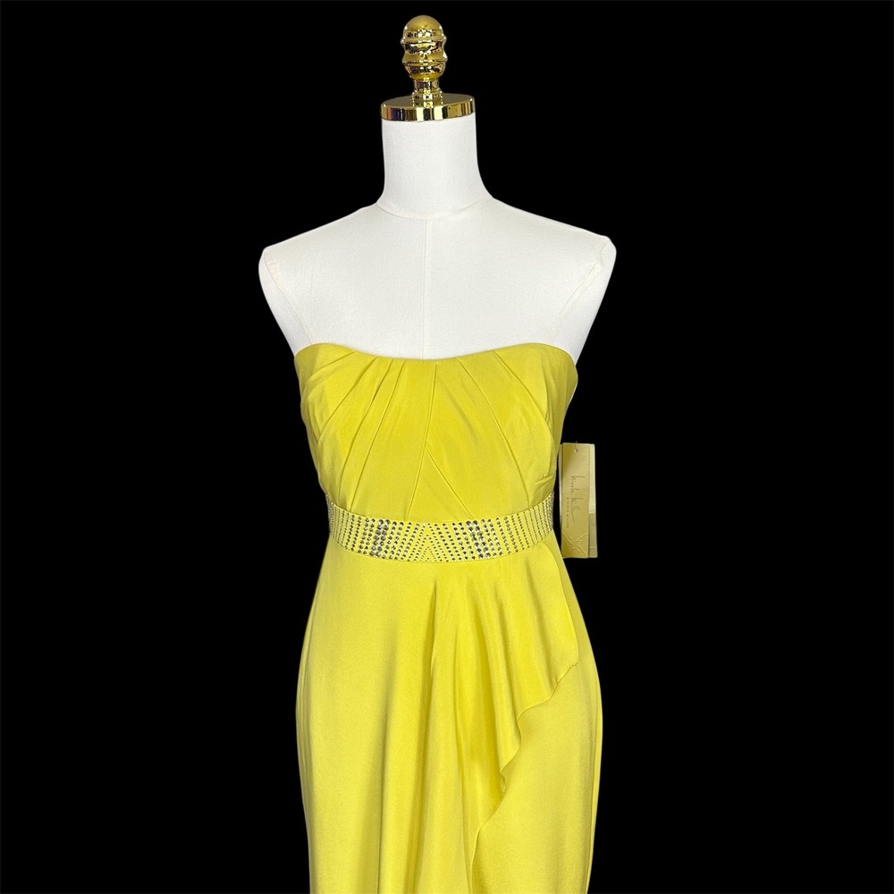 Nicole‎ Miller Yellow Strapless Embellished Waist Ruffle Evening Gown Maxi Dress - Picture 4 of 13